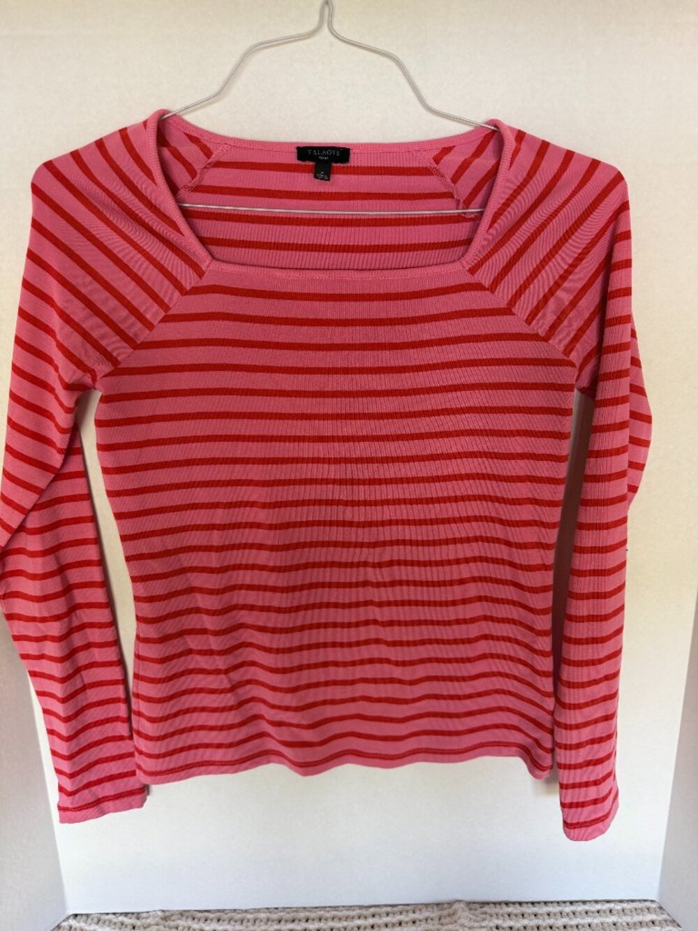 Talbots Women's T-Shirt pink with red strips boat neck A-030